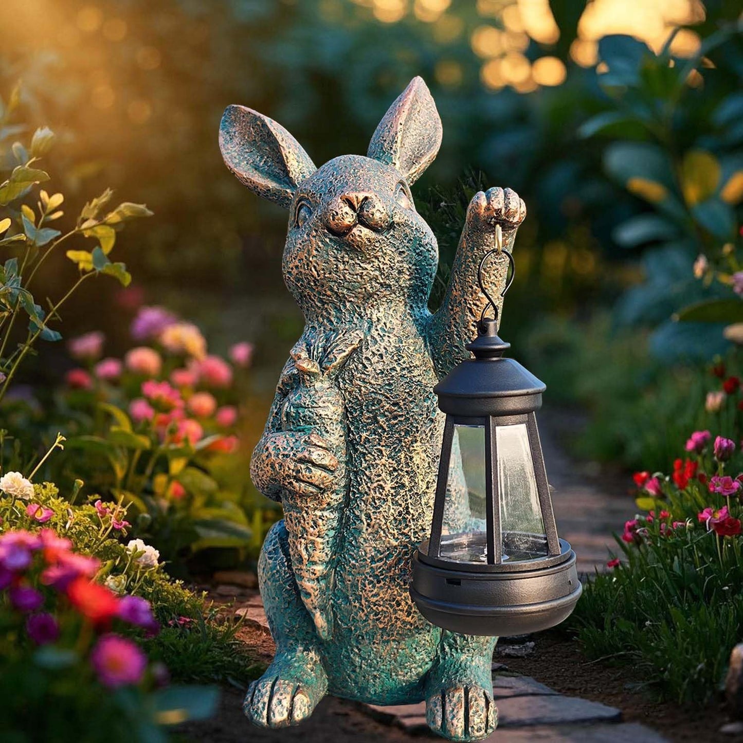 Solar Garden Statues -Rabbit Lantern Outdoor Handmade Resin Statue With Led Light  Cute Carrot Holder For Patio  Yard  Gift Ideas (Rabbit2)