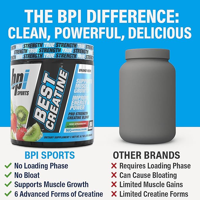 BPI Sports Best Creatine - Creatine Monohydrate Powder for Men & Women, Himalayan Salt - Strength, Pump, Endurance, Muscle Growth, Muscle Definition, No Bloat - Kiwi Strawberry - 50 Servings - 9.07 Oz