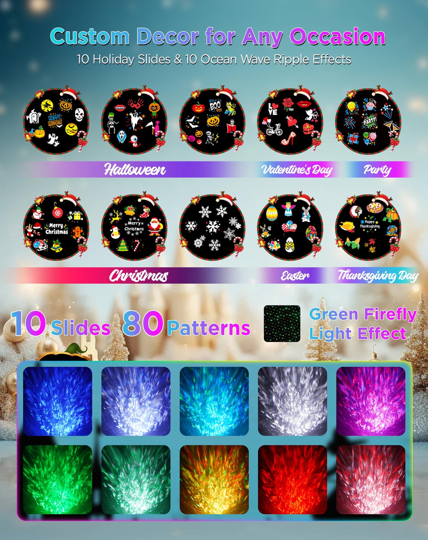 Christmas Projector Lights Outdoor Waterproof  10 Slides X 8 Bright Hd Patterns  Firefly & Ocean Wave Effects  Timer Snowflake Light Projector For House Yard Xmas New Year Valentines Thanksgiving