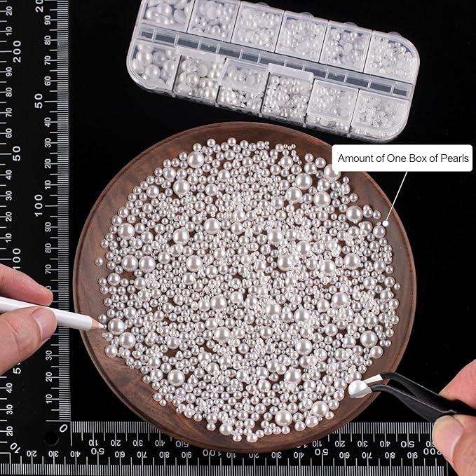 4000PCS Flatback Rhinestones and Half Round Pearls Kit #39, Multi Size Glass AB Crystals, Plastic Flat Back White & Beige Dome Bead with Pickup Pencil and Tweezer for Nail Art