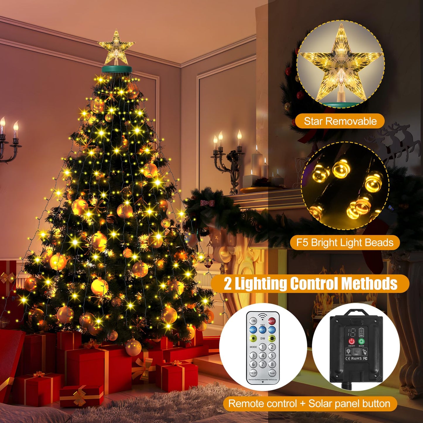Amipepe Solar Christmas Tree Lights With Star Topper  410 Led 6.6Ft X 16 Lines Christmas String Lights With 8 Models Timer Remote  Waterfall Tree Lights Usb Powered For Xmas Tree  Warm White