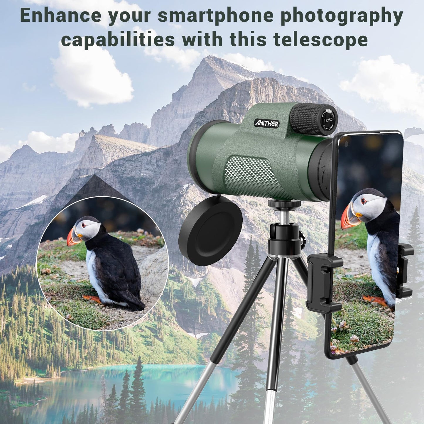 12X50 Monocular Telescope For Smartphone, Hd Monoculars For Adults High Powered Compact Scope, Portable Handheld Telescope With