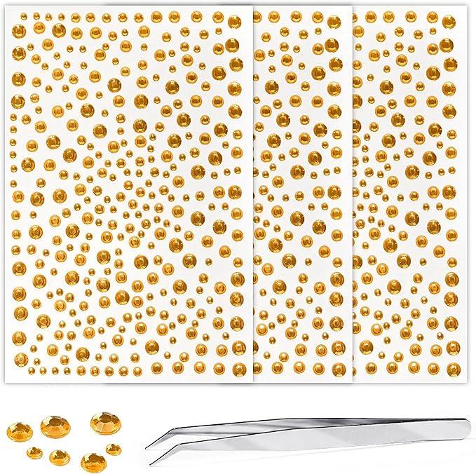 Rhinestone Stickers for Crafts Face Gems Pearls for Makeup stick on Body Clear Crystal Tweezers Decals 3/4/5/6MM Yellow Hair Nails Craft DIY Gems for Nails Makeup Decor 975PCS