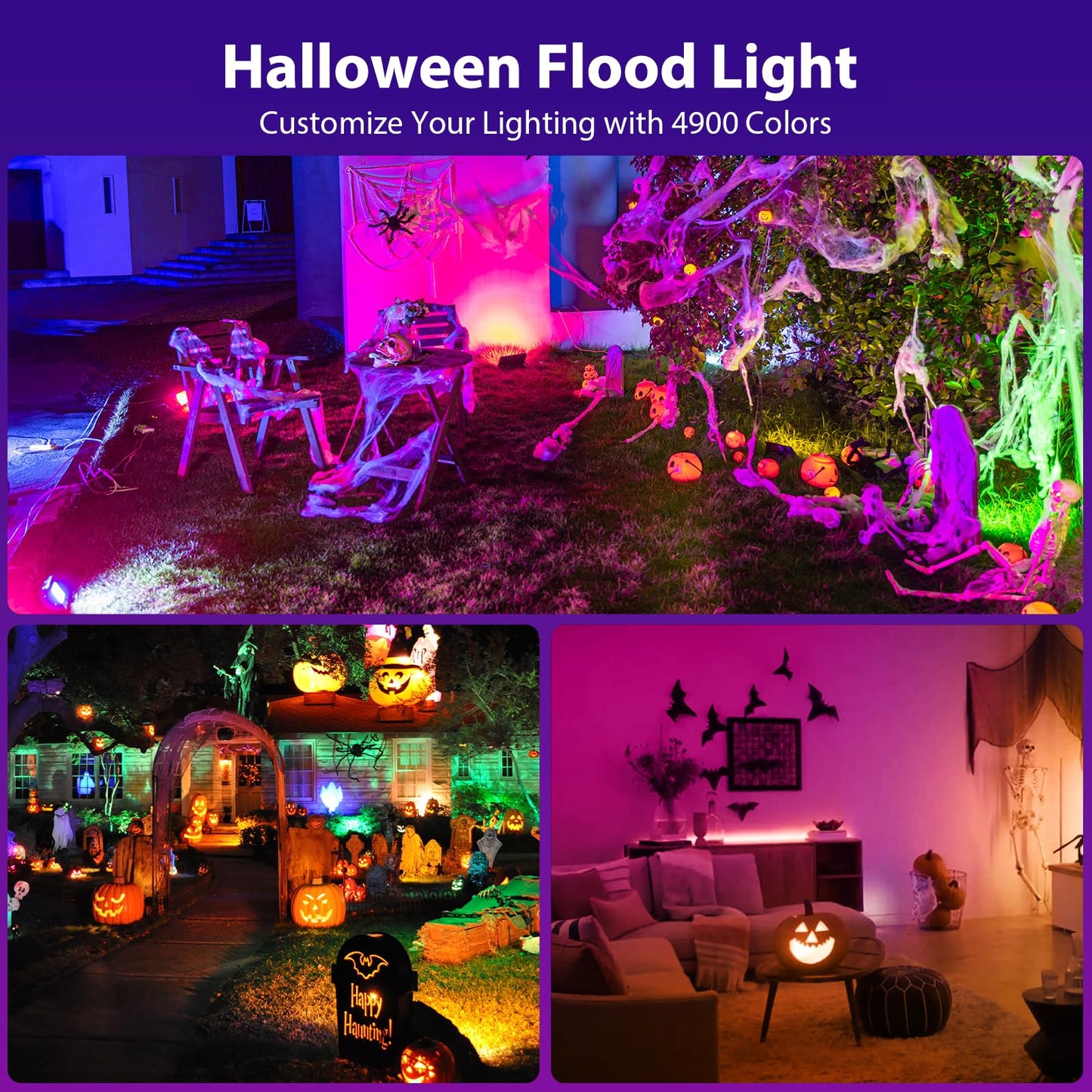 Olafus 120W RGB Flood Lights, Remote Control, IP66 Waterproof, 2700K Warm White, Black, Model LAA120GB, 2 Packs