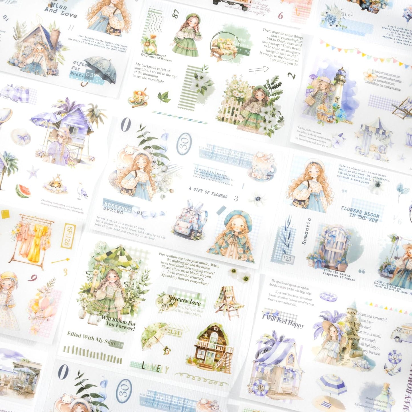 4Pcs Girl Pre-Cut Sticker Books, PET and Washi Designs for Scrapbooking, Journaling Supplies, Junk Journal Ephemera, Includes Organizer