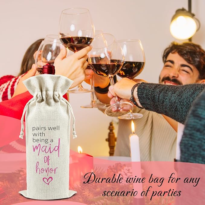 Pairs Well with Being A Maid of Honor - Gifts for Bridesmaid Wine Bags, 1 PC Reusable Drawstring Burlap Wine Bottle Bags, Wedding Gifts for Ladies Women, Bridal Shower Party Decorations -33