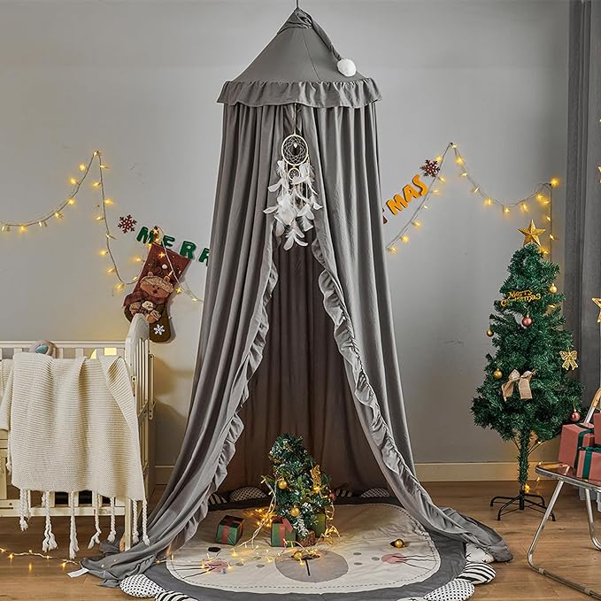 VETHIN Bed Canopy for Girls Kids,Princess Round Dome Children Dreamy Mosquito Net Bedding Girls Room Castle Play Tent Hanging House Decor Reading Nook Canopies (Grey)