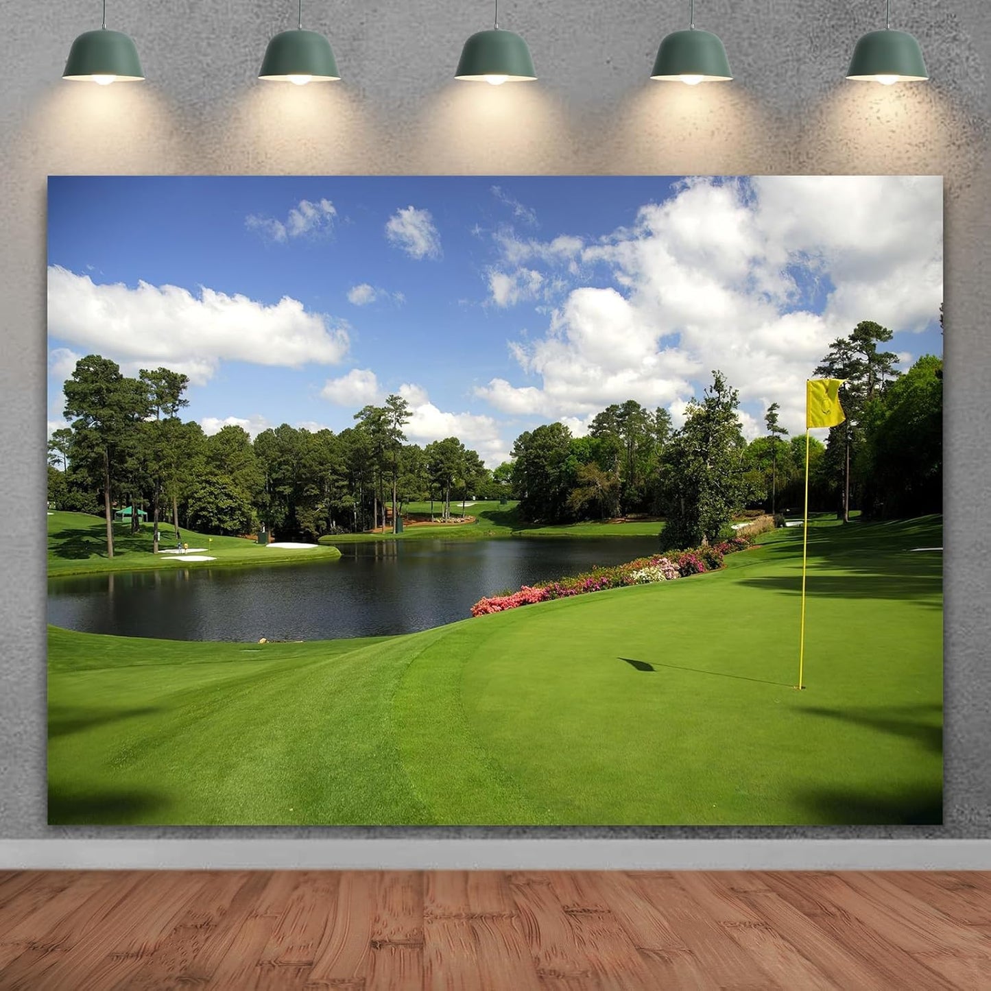Golf Course Backdrop 12x10ft Green Grass Bush Stake Hole Water Hazard Backgrounds Golf Theme Sports Party Decorations Holiday Vacation Banner Photo Shoot Props