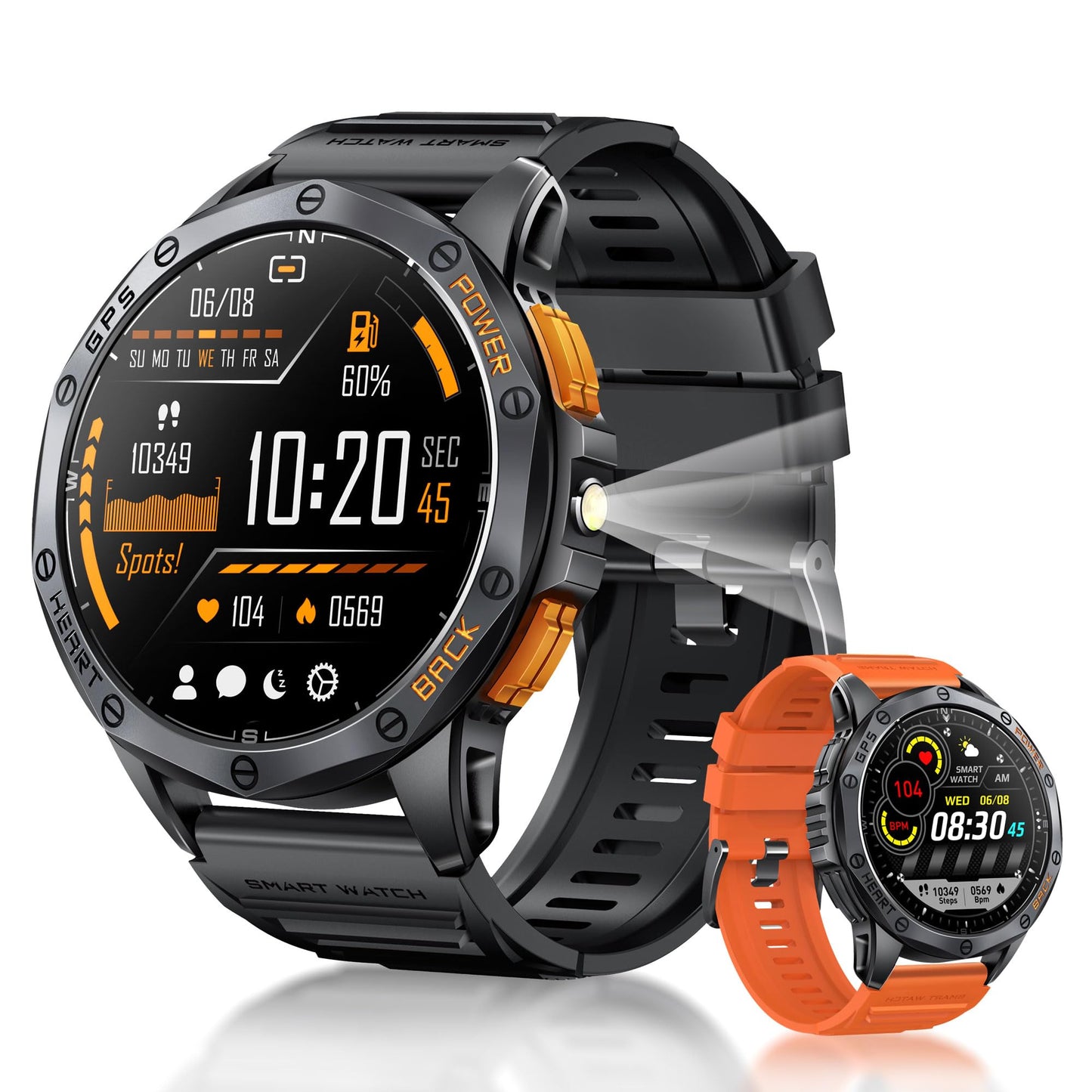 Military Smart Watch With GPS, 170+ Sport Modes Smartwatch with Heart Rate Monitor, Compass, Flashlight, GPS, Smart Watch for men,1.43" AMOLED Screen Bluetooth Call,Compatible iOS & Android (2 Bands)
