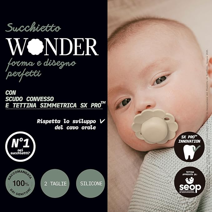 Suavinex Wonder Baby Pacifier, SX Pro Silicone Nipple, Reversible, Non Irritating Shield Design, 2 Pk Pacifiers 0-6 Months, Made in Europe, Gray/Mauve