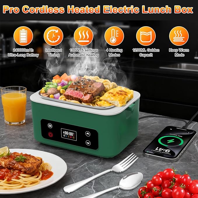 Cordless Electric Heated Lunch Box,Pro 24000mah Heated Lunch Box,Battery Powered, 1.2L Portable Food Heater-3D-5 Side Heating-Intelligent Temperature Control,Suitable For Trucks,Offices,Travel