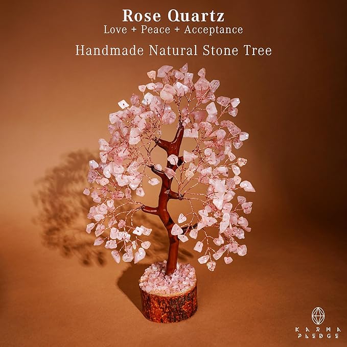 KARMAPLEDGE Rose Quartz Crystal Tree of Life for Women Office Decor, Good Luck, Money, Meditation, Positivity, Handmade Healing Crystal Stones Bonsai Tree Spiritual Birthday Gifts for Women