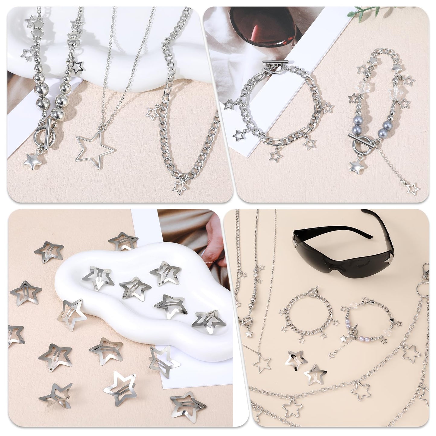 Y2k Accessories Set Included Star Y2k Silver Necklace Grunge Layered Necklace Hip Hop Pants Chain Y2K Sunglasses Star Hair Clip Y2k Silver Hair Clips Vintage Jewelry Set