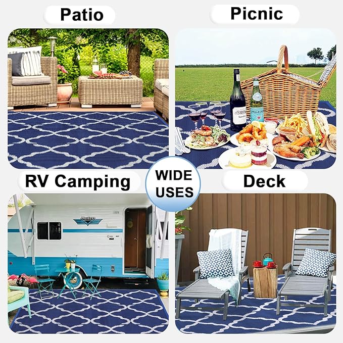 OutdoorLines Outdoor Plastic Area Rugs for Patio 4x6 ft - Reversible Outside Carpet, Stain & UV Resistant RV Mats, Straw Rug for Camping, Deck Garden, Porch and Balcony, Moroccan Navy & Light Grey