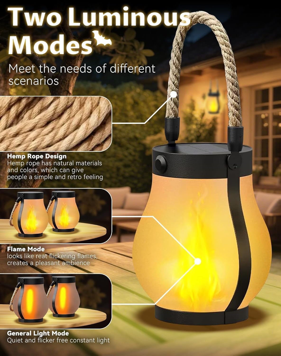 Kaliqo Solar Lanterns Outdoor Lights, Hemp Rope Flame Lights, Dancing Flame Solar Lights,It is Suitable for Outdoor Camping, Home Garden Decoration, Etc. (2pcs)