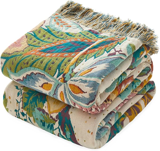 MSGKV Boho Throw Blanket for Couch 100% Cotton Floral Blanket 50"x60" Sofa Bed Chair Blanket All Seasons Farmhouse Muslin Breathable Lightweight Blankets Home Decor