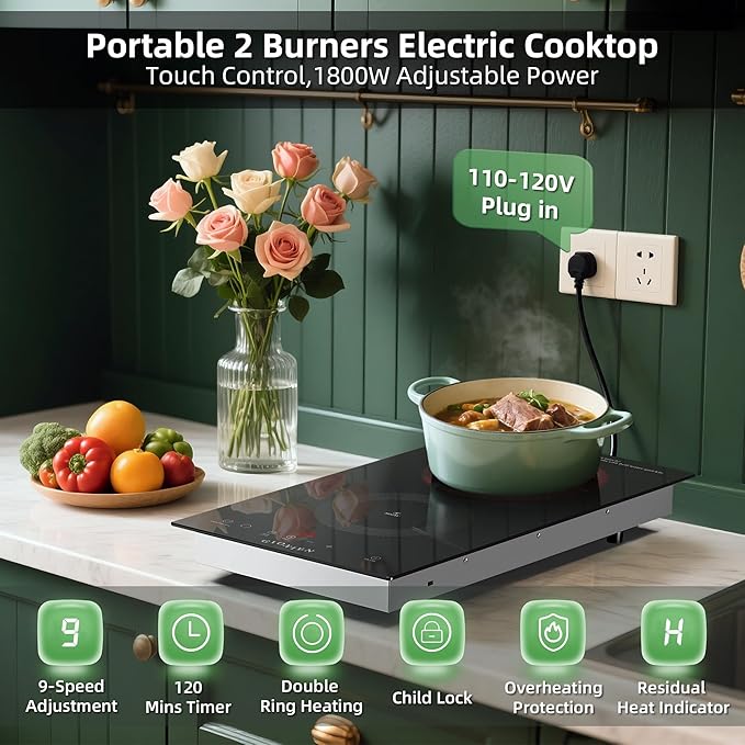Electric Cooktop 2 Burners 110V~120V, 12'' Plug in Electric Stove Top,Countertop or Built-in,Ceramic Glass,Sensor Touch Control,Timer,9 Power Levels,Portable,1800W