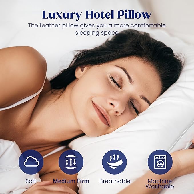 puredown® Feather Pillows with 100% Cotton Cover, Set of 2 Gusseted Bed Pillows with Silver Piping for Sleeping, Queen Size