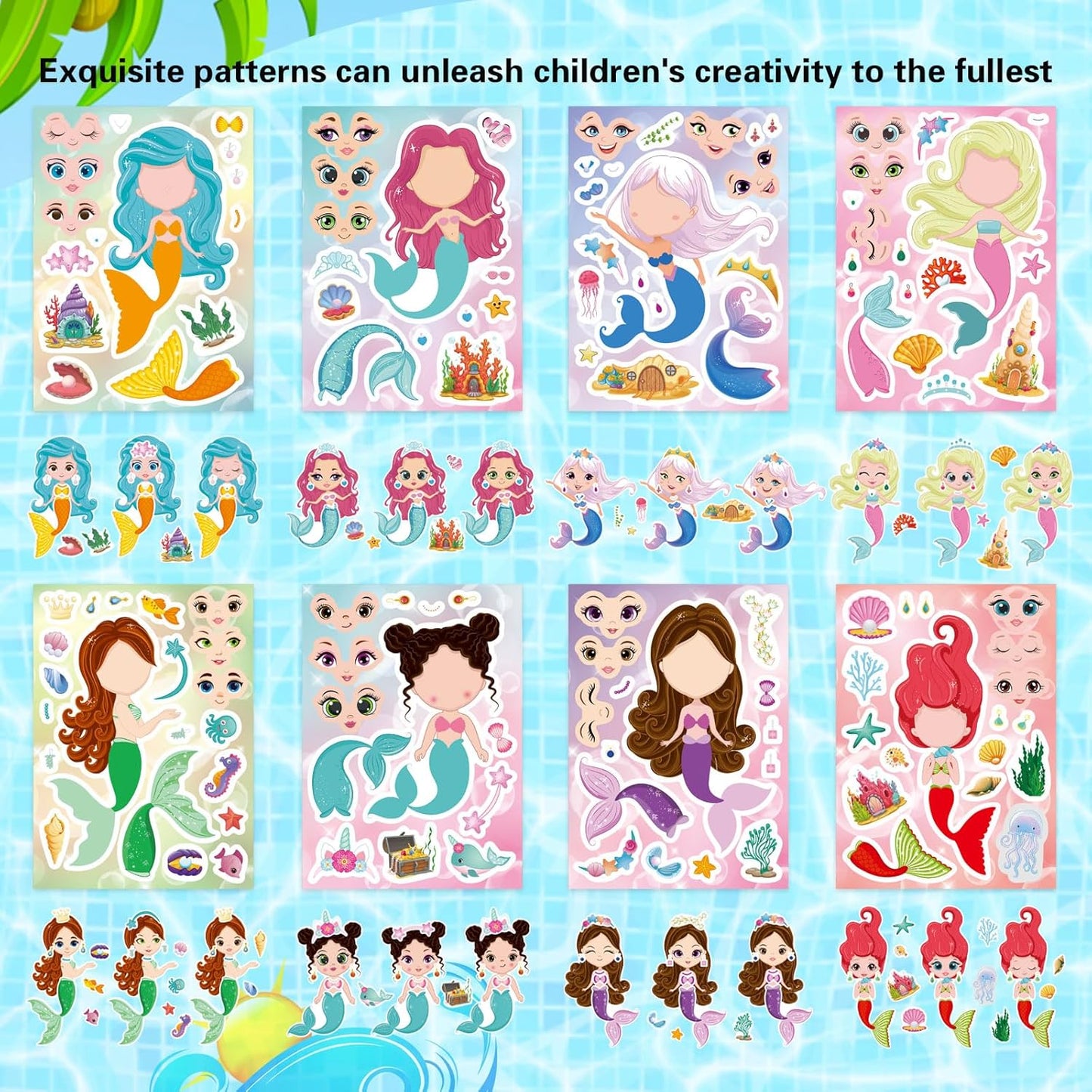 32 Sheets Mermaid Stickers for Kids, Make Your Own Sticker, Mermaid Make a Face Stickers for Kids Party Favors, Classroom Teacher Rewards, Art Craft Supplies