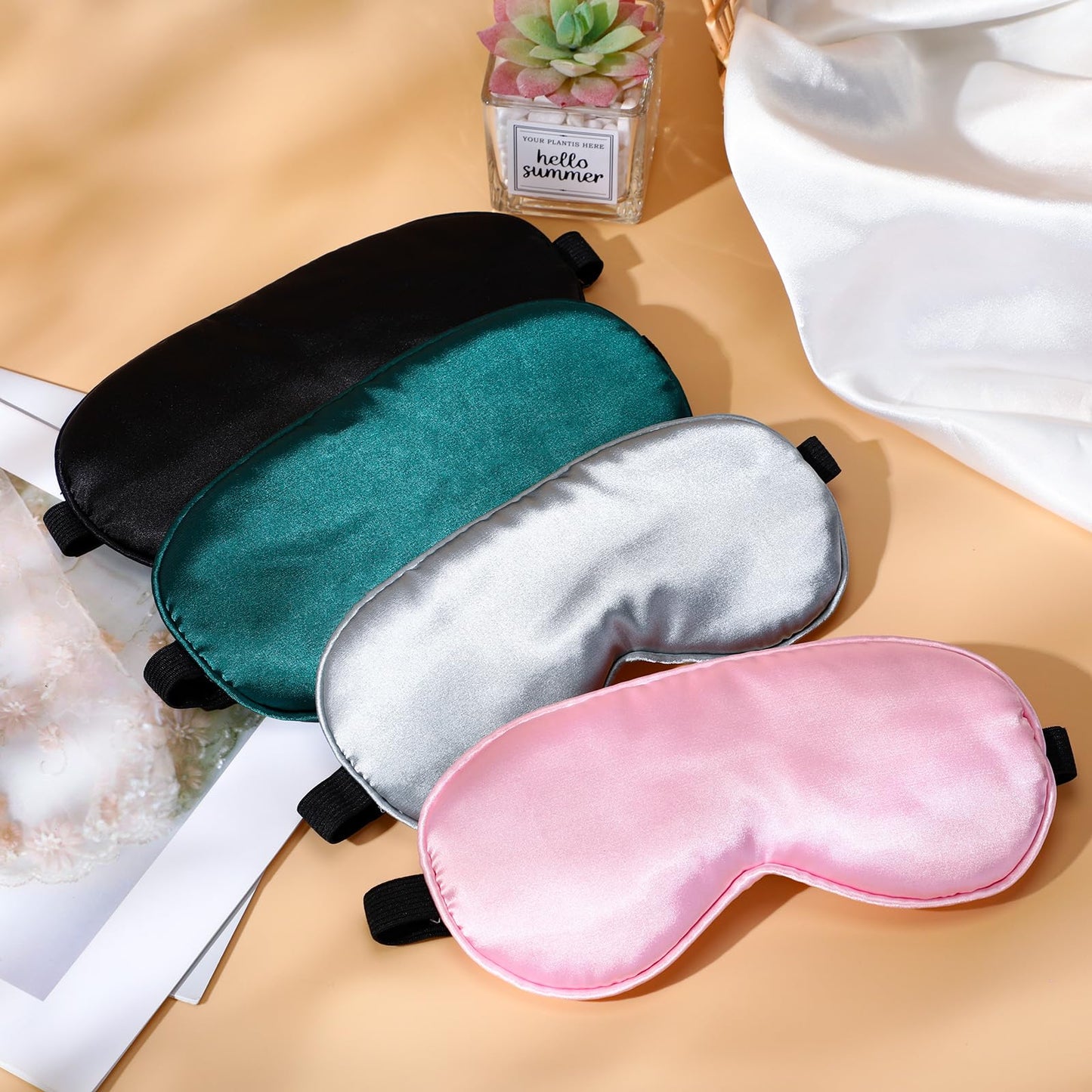 BBTO 4 Pcs Silk Sleep Eye Masks Smooth Soft Satin Eye Covers with Adjustable Strap Blindfold for Sleeping Blocking Out Lights Travel Relaxation (Black, Grey, Dark Green, Pink)