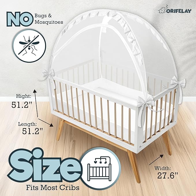 Baby Crib Tent - Toddler Bed Tent w/White Noise Machine, Wide Zipper Opening - Easy Setup Crib Cover w/Glow in The Dark Stickers & Custom Multi Color Light, Breathable Mesh Cribs Net (White)