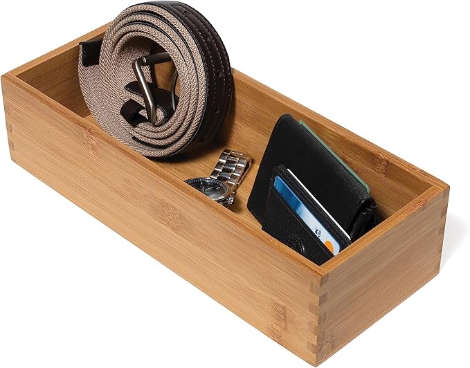 Lipper International Bamboo Wood Utensil Holder Storage Box for Cooking Tools, Makeup, or Office Supplies, 5" x 12" x 3"