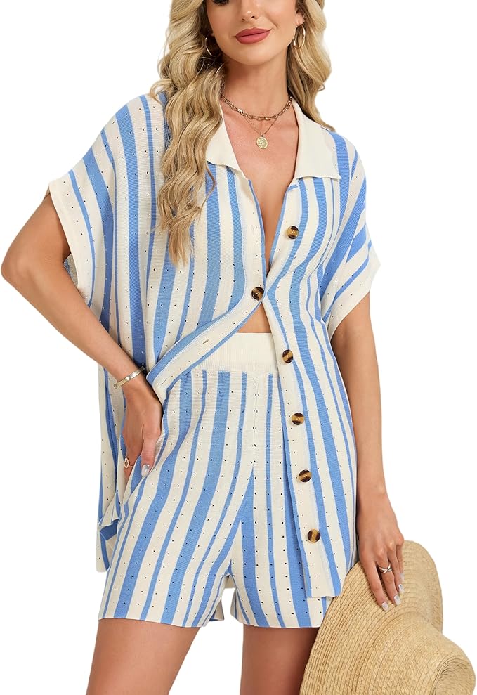 Ladyful Womens Crochet Swimsuit Coverup Sets Summer Short Cap Sleeve Button Up Knit Striped Shirt and Shorts Vacation Sets