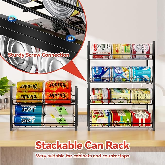 SUFAUY Stackable Can Rack Organizer for Pantry, 2 Tier Soda Canned Food Storage Holds Up to 60 Cans, Steel Square Frame, 2 Pack