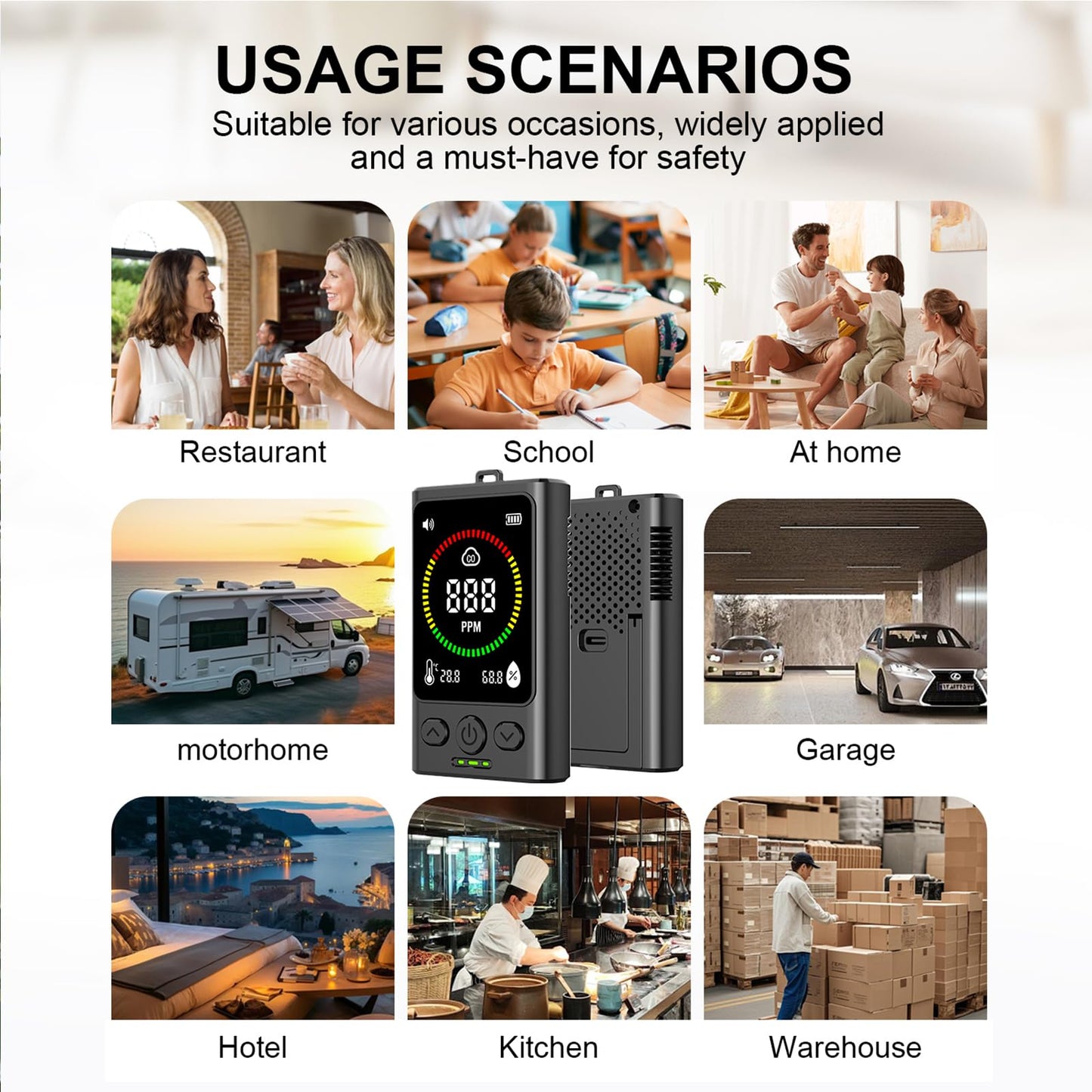 Portable Carbon Monoxide Detector for Travel, 3-in-1 Rechargeable Carbon Monoxide Alarm, 168H Standby, Temp/Humidity Detection, CO Monitor with Audible & Visual Alarm for Camping, Car, RV, Hotel