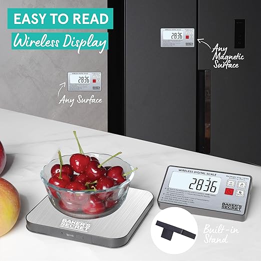 Baker's Secret Kitchen Scale 33lbs Wireless Display, 2X Magnets Support, USB-C Charging Compatible, Magnetic Conversion Chart Included, Extra Accurate and Easy to Use, Silver