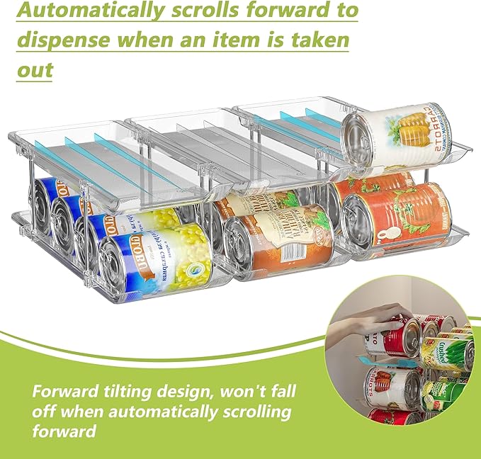 Can Organizer for Pantry Soda Can Organizer Automatic Rolling Food Pantry Storage Rack Can Dispenser for Fridge Holds 72 Cans, Fits 5.8-Inch Soda and Can, Set of 18
