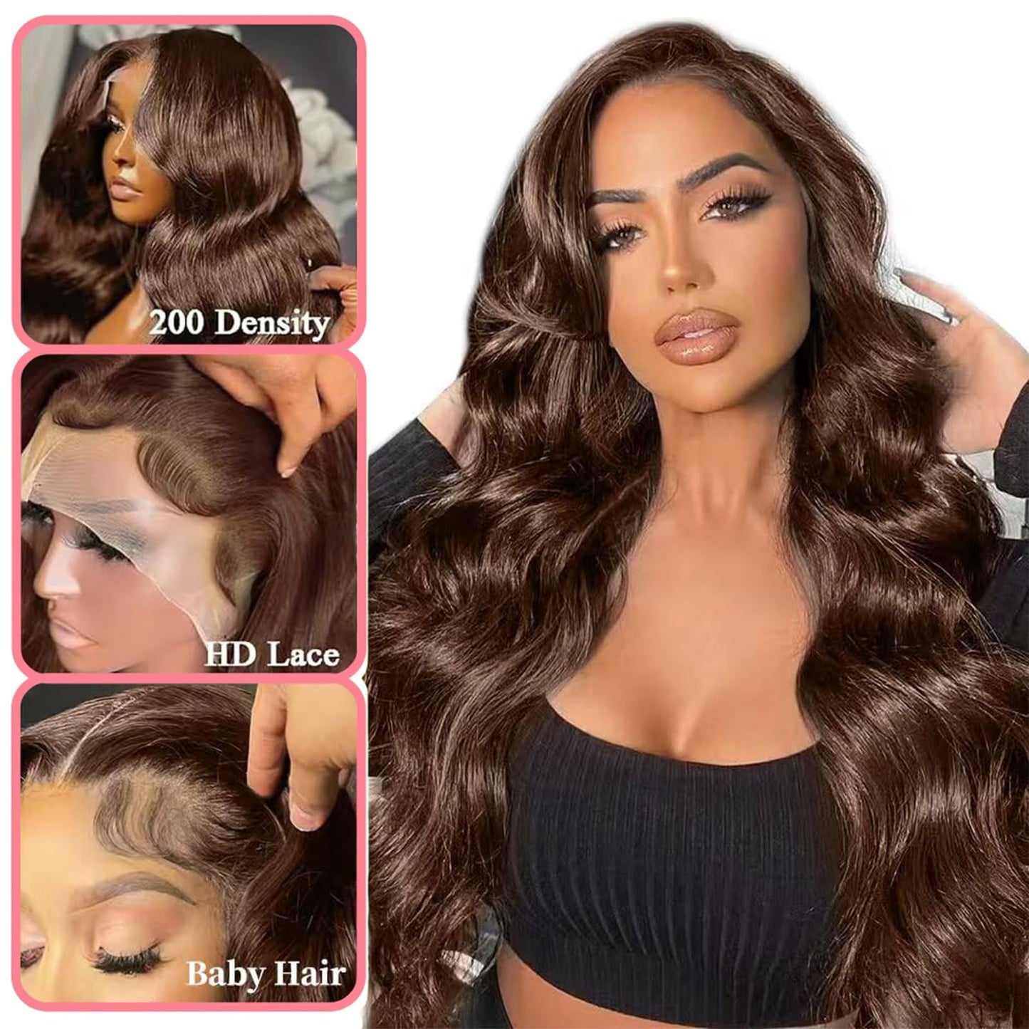 Gureimi 34 Inch Chocolate Brown Lace Front Wig 13x6 HD Lace Front Wigs Human Hair Body Wave Brown Wig Human Hair 200 Density Pre