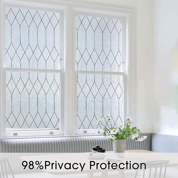 Windimiley Window Privacy Film Stained Glass Static Clings, Bathroom Frosted Leaded Decorative Window Stickers, UV Heat Blocking Opaque Removable for Home Door Coverings (23.6 x 394in,Rain)