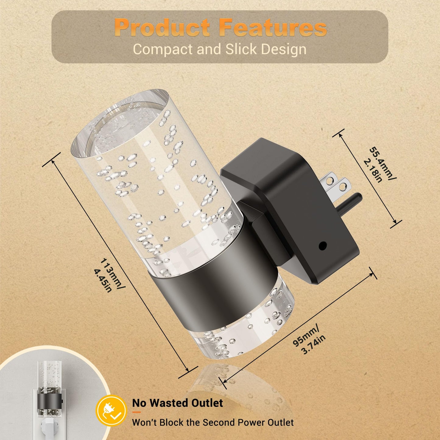 JandCase Dimmable LED Night Light, 2 Pack, Adjustable Brightness, Automatic Sensor, Black-Amber, Model GY197
