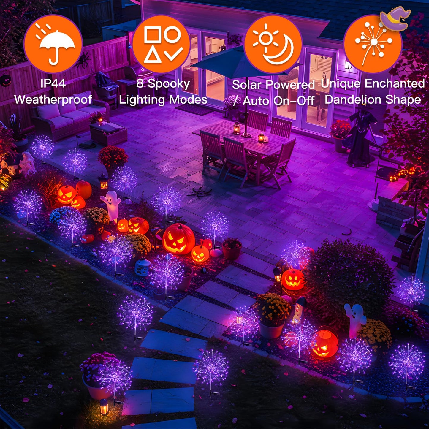 suddus Solar Garden Lights, 150LED Purple Firework Lights, 2 Pack, Waterproof, 8 Modes for Halloween Yard Decorations