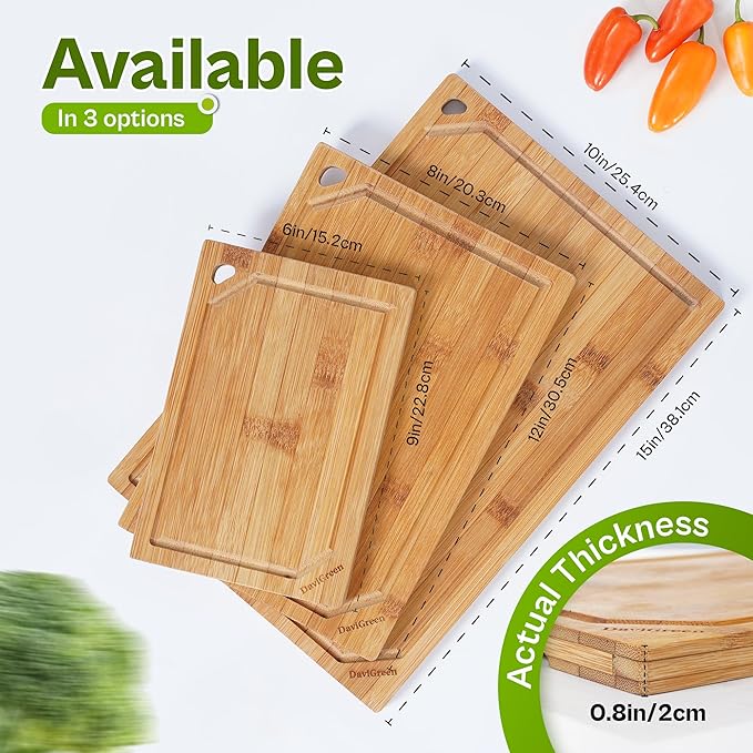 Bamboo Cutting Board Set – 3-Piece Wood Cutting Boards for Kitchen, Non-Toxic Chopping Board with Deep Juice Groove & Hanging Hole, 0.8-Inch Thick, Natural Food-Safe Board Set