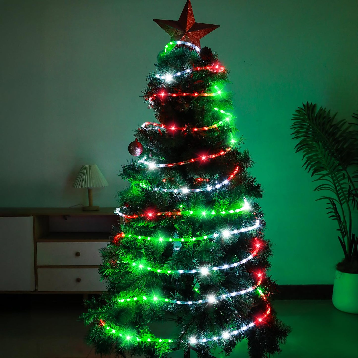 DINGFU 50ft LED Waterproof Rope Lights, PVC Tube, Connectable Indoor/Outdoor, RED+White+Green, Model YLRL-15-120V