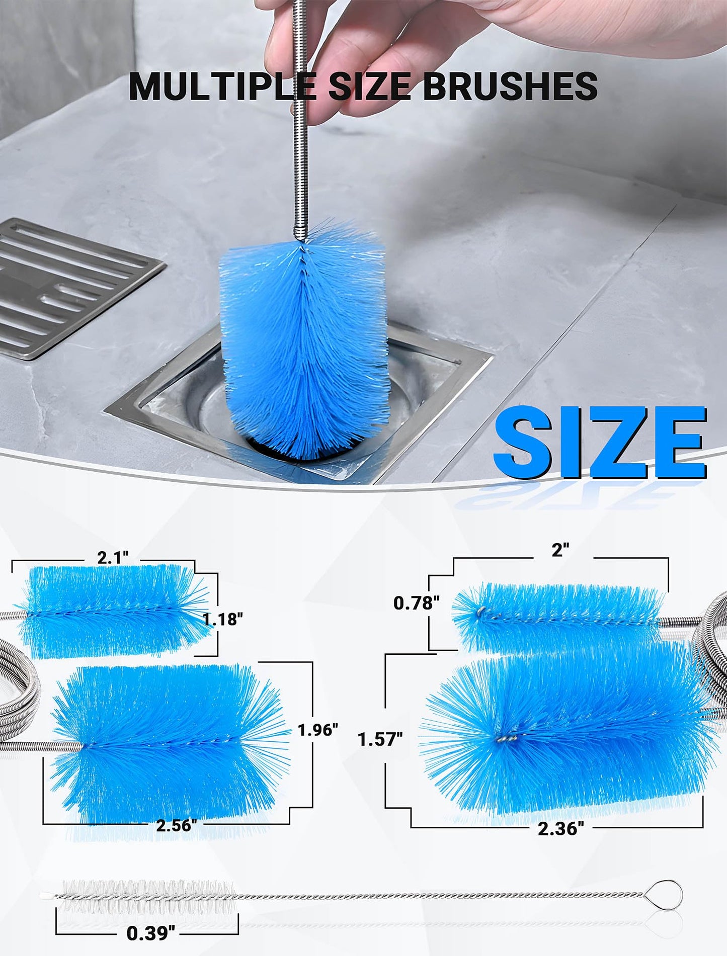 SARDVISA Flexible Long Drain Brush Tool with Large Double Elastic Nylon Ends, Stainless Steel Tube Cleaner Brush for Kitchen, Sink, Drain Pipe, and Long Pipe Cleaning, 2 Straw Cleaning Brushes