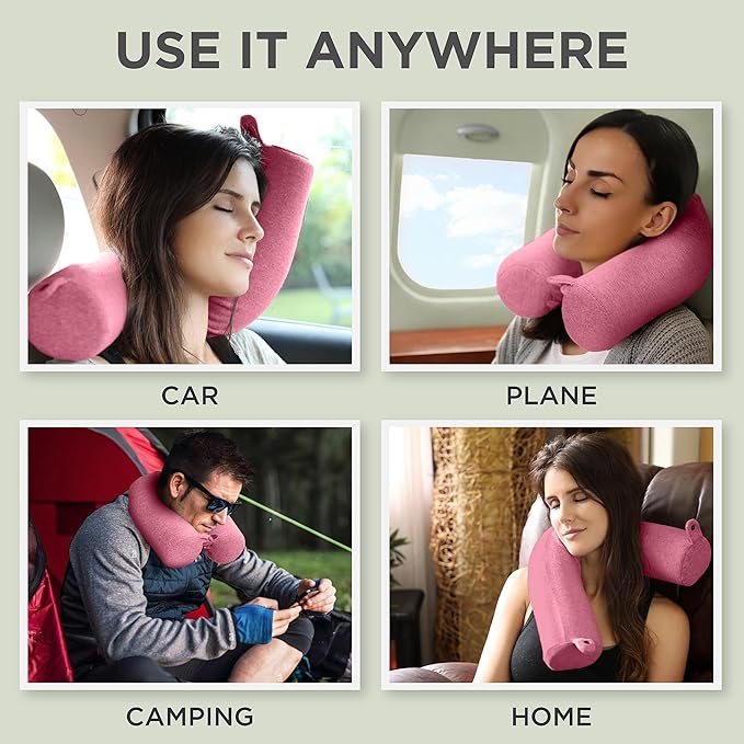 Dot&Dot Twist Memory Foam Travel Pillow for Airplanes - Travel Neck Pillow for Sleeping - Airplane Pillow for Neck Support, Chin, Lumbar and Leg - Adjustable, Bendable Neck Roll Pillow (Pink)