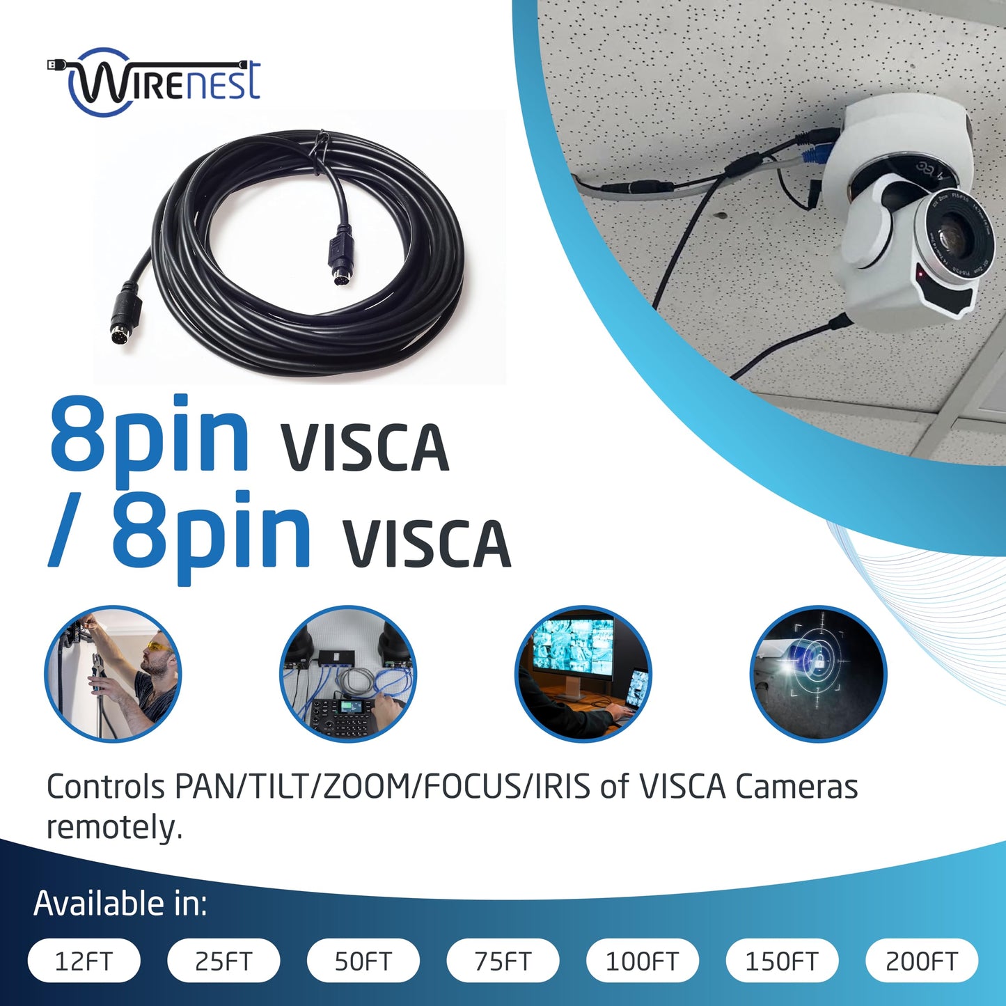Wirenest 100Ft Visca Ptz Daisy Chain Camera Control Cable For Sony Evi/Brc/Srg Series Rs232 8 Pin Mini Din To 8 Pin Mini Din Ser