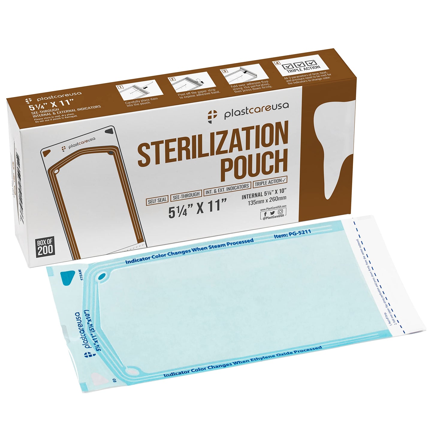 200 5.25 x 10 Self Sealing Sterilization Pouches - Autoclave Sterilizer Bags Pouch for Sterilizing Dental Medical Instruments and Cleaning Tools - Latex-Free, Color Changin Indicator by PlastCare USA