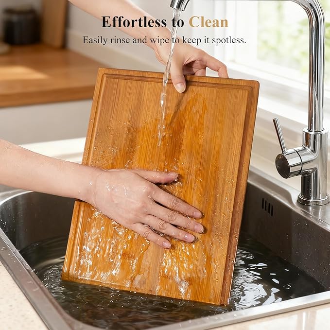 Bamboo Cutting Board Set, 2PCS Double-Sided Chopping Boards for Kitchen Meal Prep & Serving, Charcuterie, Juice Grooves & Side Handle, Ideal for Meat, Vegetables, Kitchen Essentials
