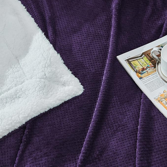SOCHOW Waffle Sherpa Fleece Throw Blanket, Super Soft Fuzzy Warm, Lightweight Fluffy Reversible Plush Blanket for Bed Sofa Couch, 50 x 60 Inches Dark Purple
