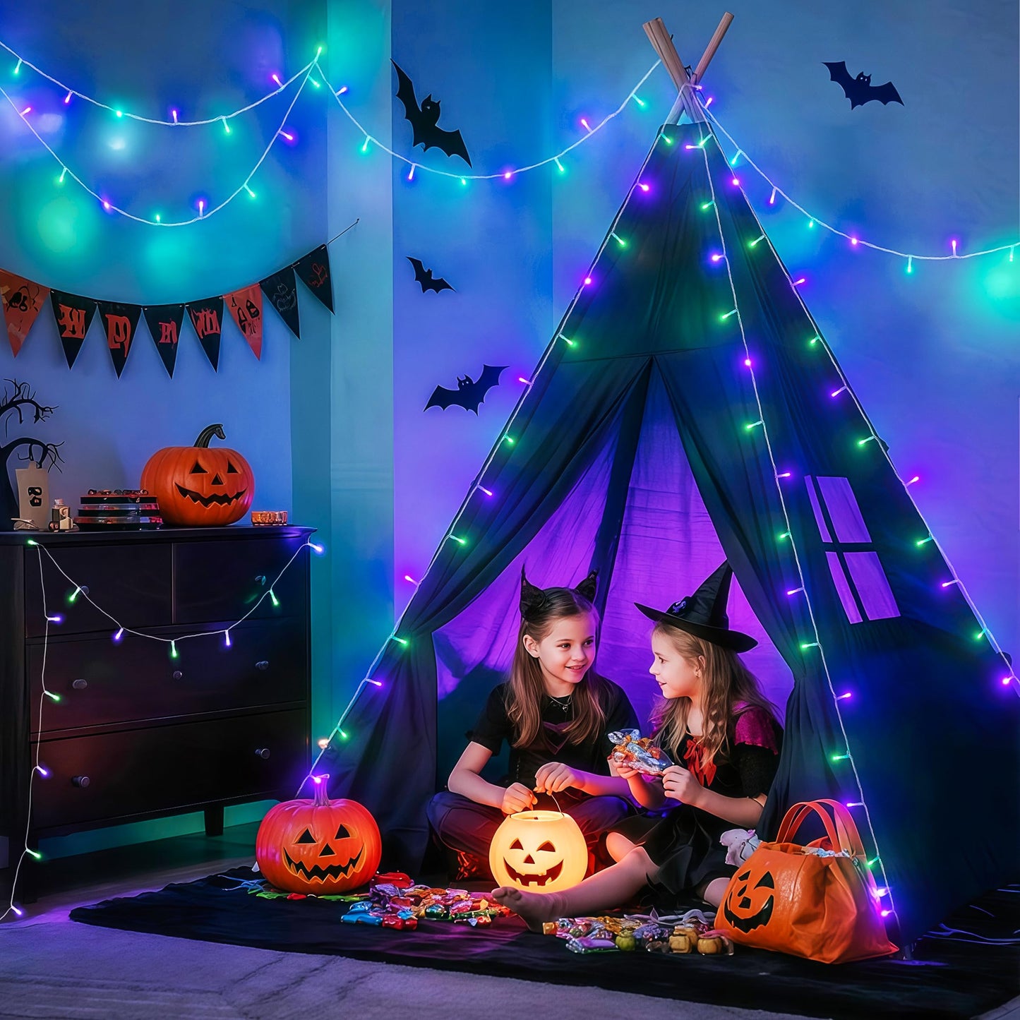 Jmexsuss 2 Pack Purple And Green Halloween Lights  Total 200 Led 8 Modes Halloween String Lights Plug In  Each 33Ft Connectable Christmas Lights Indoor Outdoor For Tree Porch Fireplace Decor