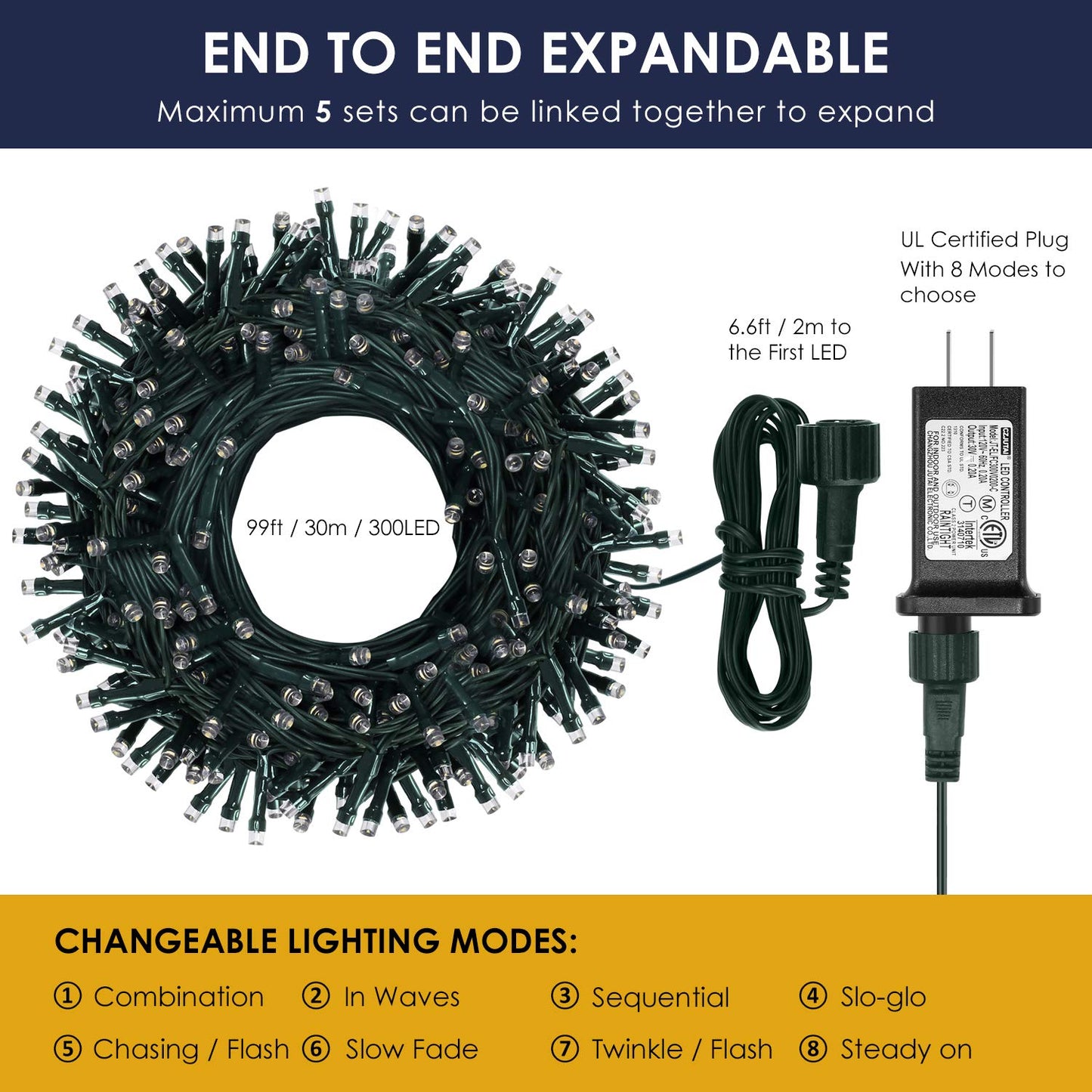 XUNXMAS 300 LED String Lights Outdoor, 100ft Connectable, Warm White, 8 Modes, Model JT-EL/FC300V0200, Plastic Material