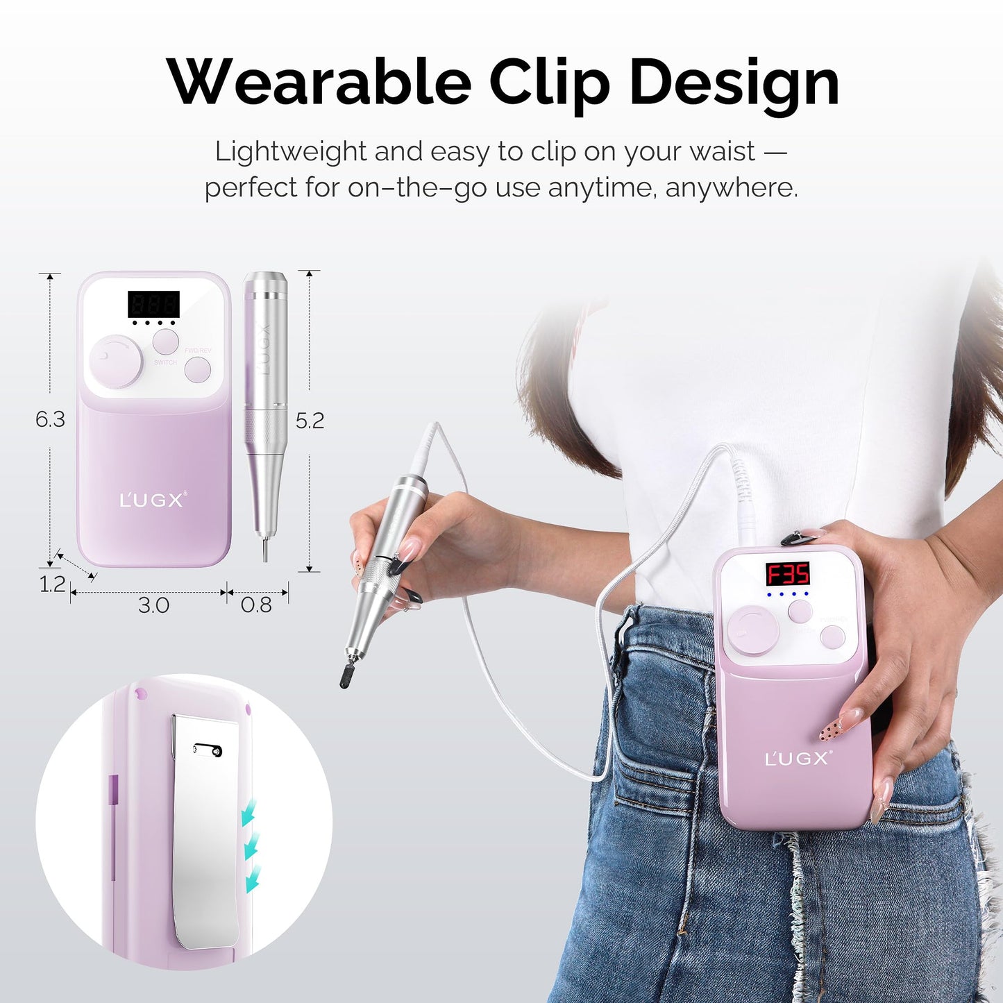 L'UGX Nail Drill Machine 35000RPM - Rechargeable Electric Nail File with LED Display, Portable Efile Nail Drill for Acrylic Gel