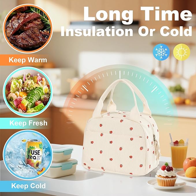 Lunch Bag for Women Mini Strawberry Insulated Lunch Box Reusable Cooler Bag Portable Cute Corduroy Leakproof Tote Bags for Travel, Work, and Picnic