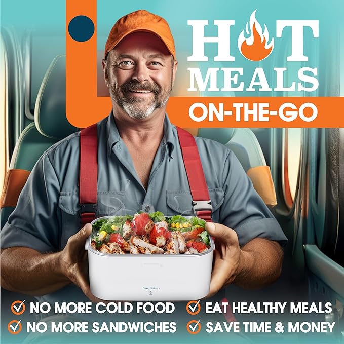 TRAVELISIMO Extra-Large Electric Lunch Box For Adults Holds up to 8 Cups - 80W Heated Lunch Box 1.8L Electric Food Warmers for Travel & Work, Portable Food Warmer - Loncheras Para Hombres De Trabajo