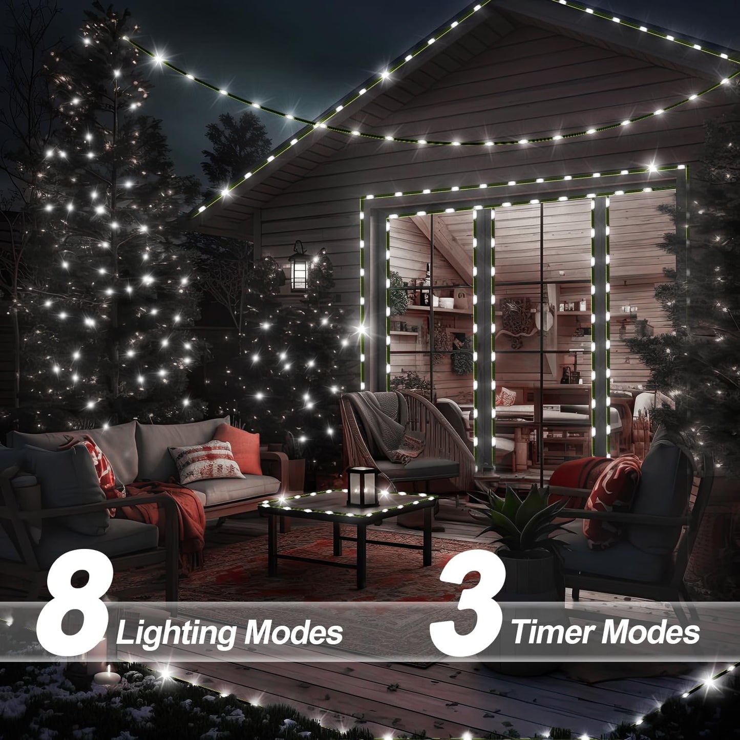 ROADAYLY LED String Lights, 180 LEDs, 59 FT, Cool White, Waterproof Green Wire, Remote Timer, 8 Modes for Outdoor Christmas Decorations