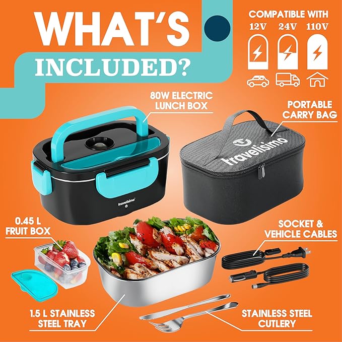 TRAVELISIMO Electric Lunch Box for Adults 80W Heated Lunch Box For Men 1.5L Stainless Steel Portable Food Warmer, 12/24/110V Electric Food Warmers for Travel & Work, Loncheras Para Hombres de Trabajo